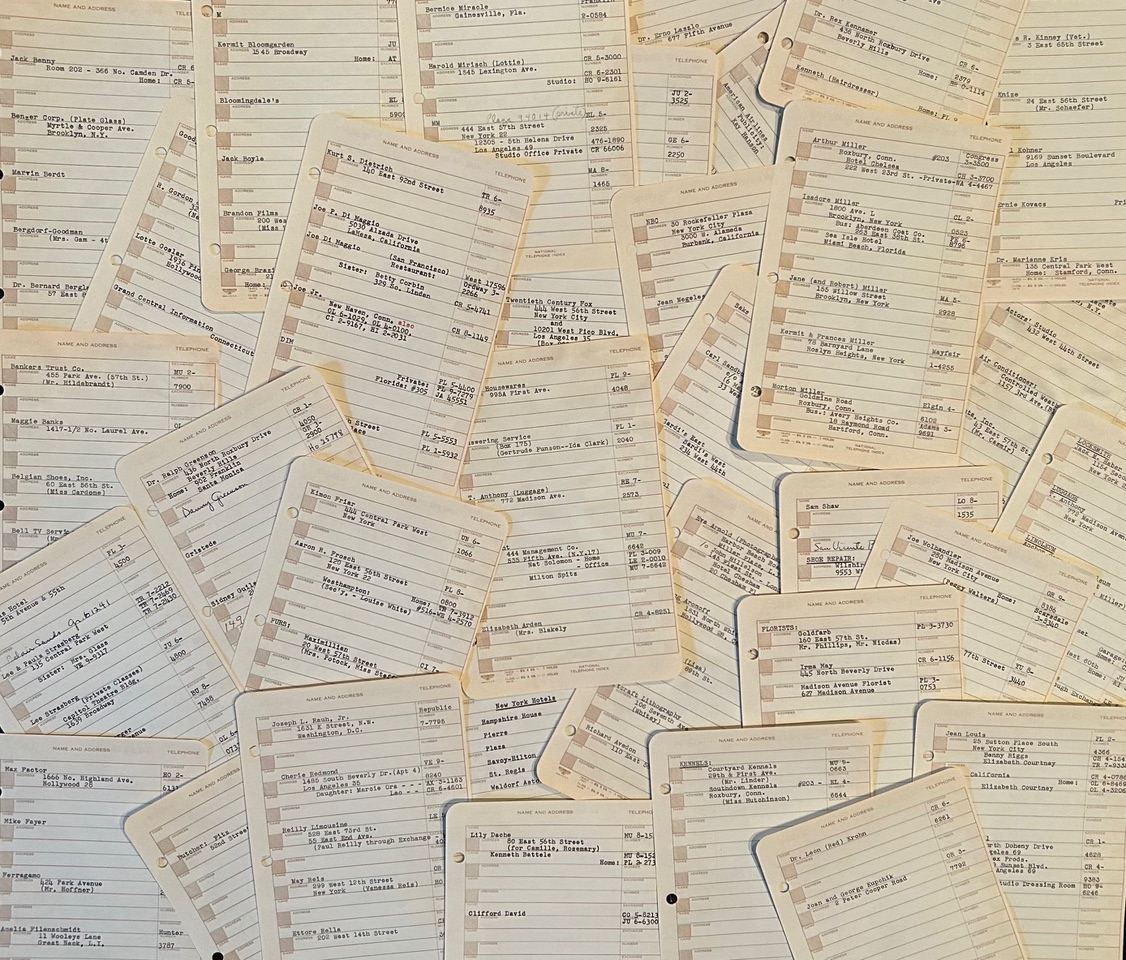 Typed pages of Marilyn Monroe's 1962 personal address book