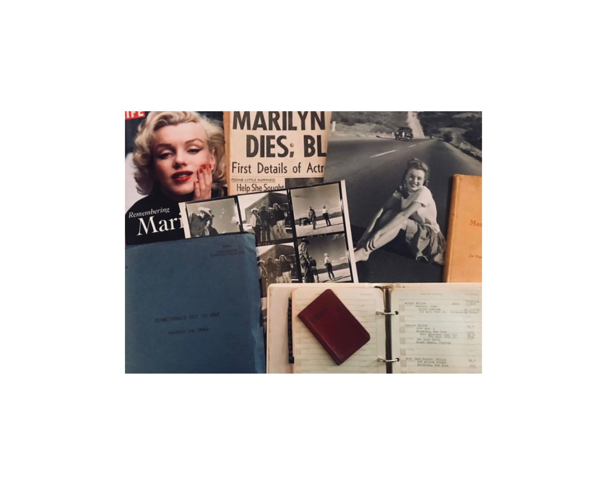 Collage of Marilyn Monroe images and personal items