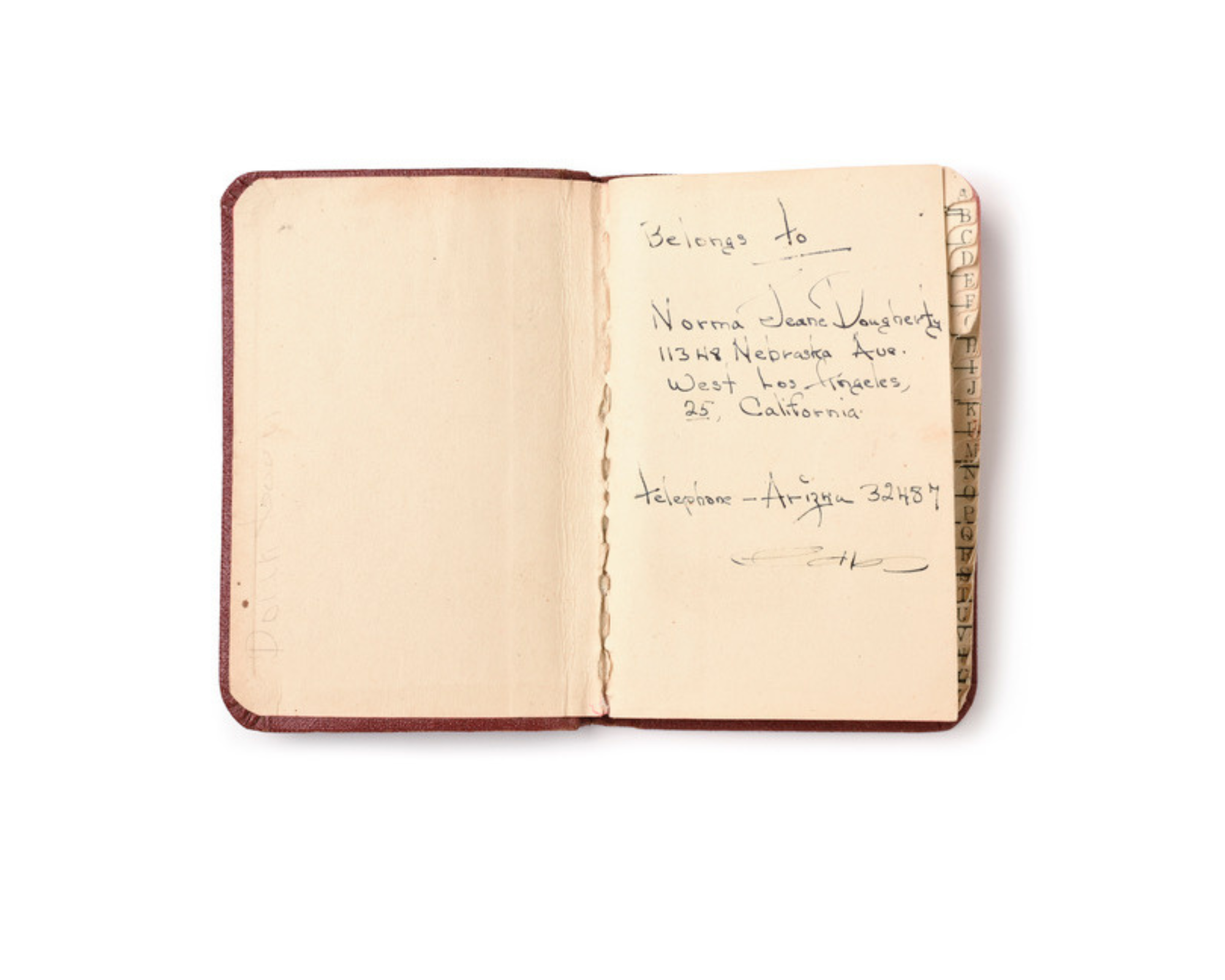 Inside cover of Marilyn Monroe's hand written address book