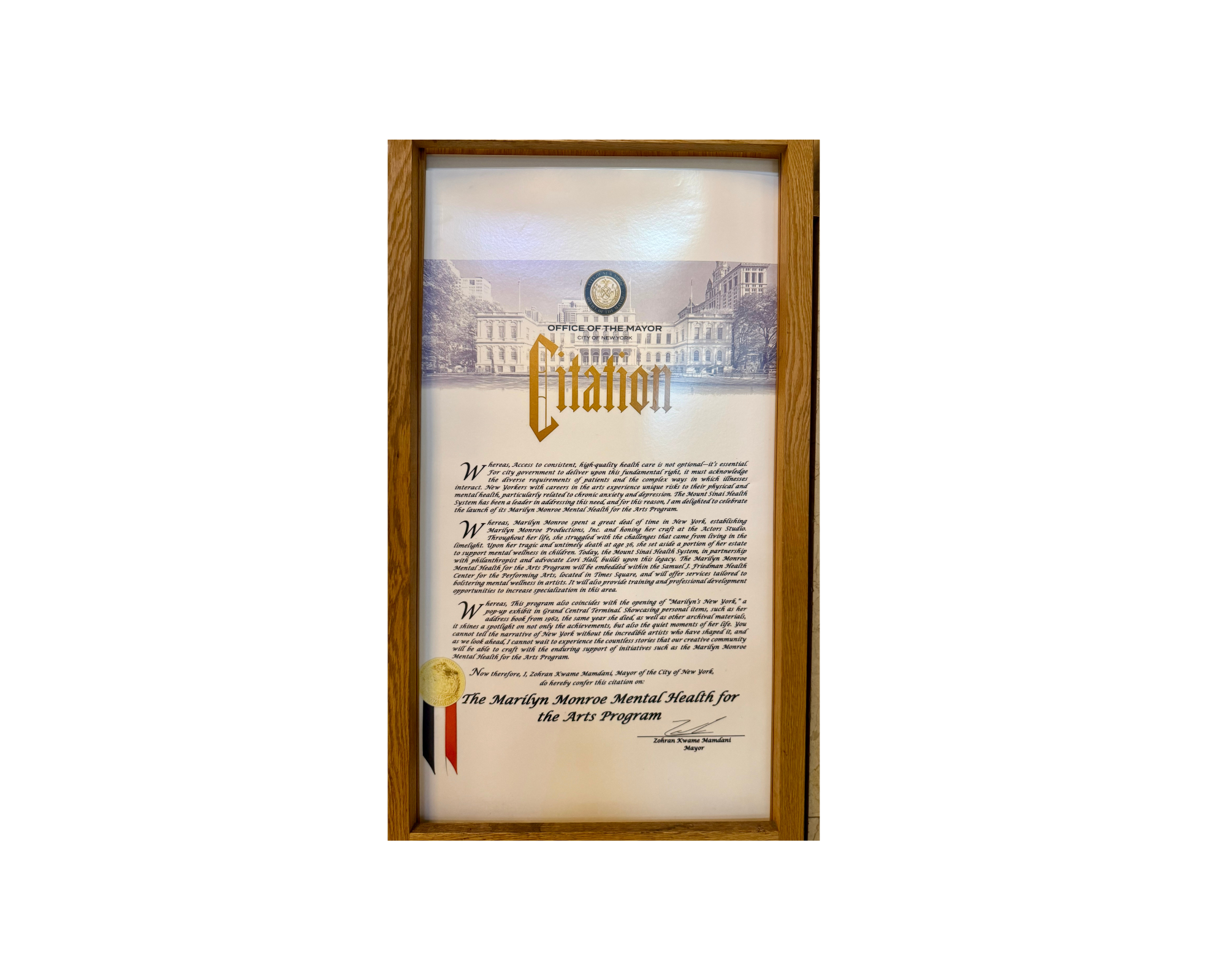 Framed printed citation from the Mayor's office 