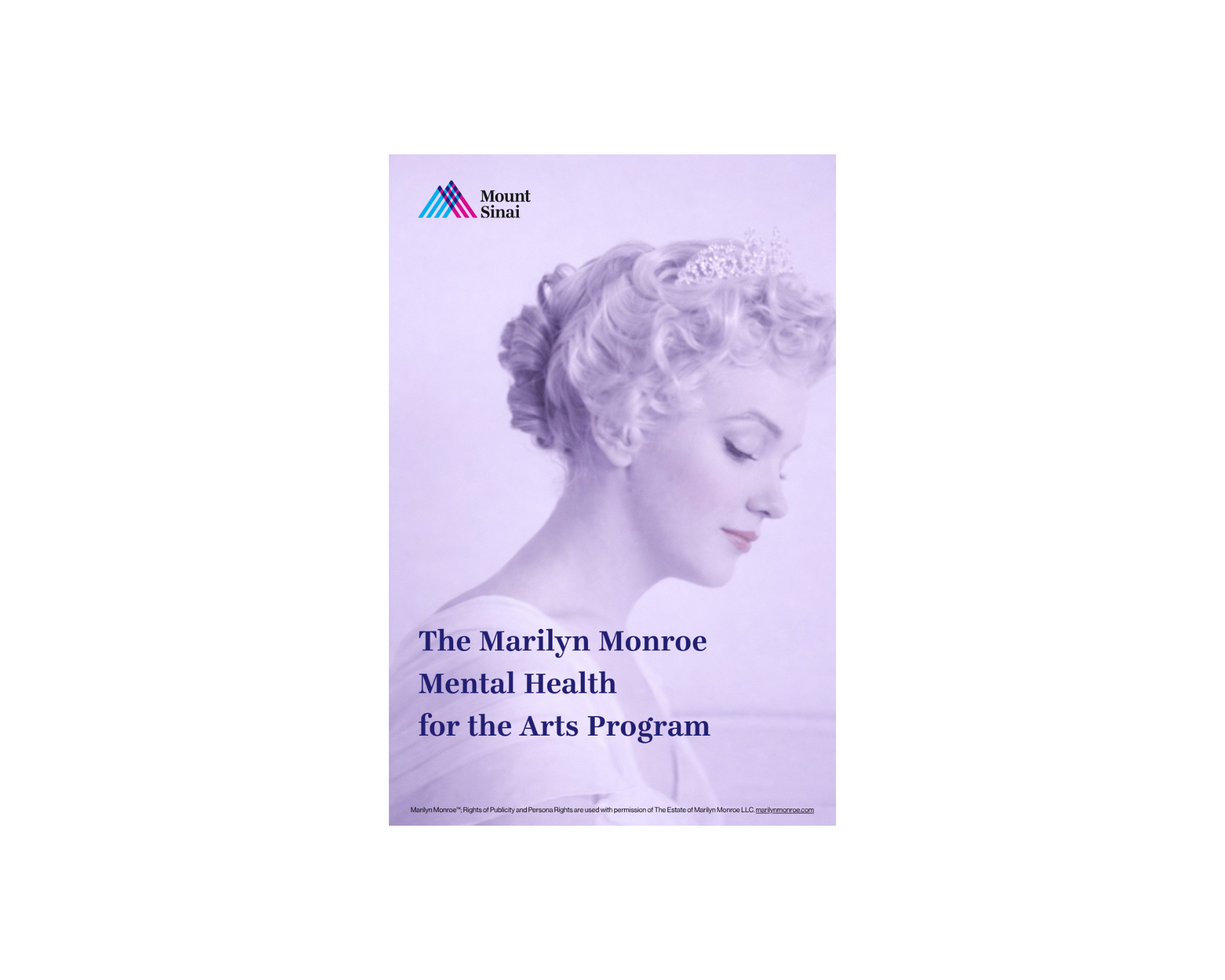 Lavender hued profile photo of Marilyn Monroe with name of the Marilyn Monroe Mental Health for the Arts Program in type