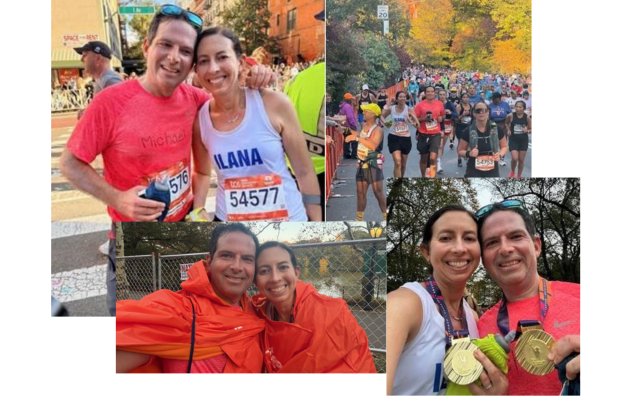 Dr. Elana Katz Sand and her husbnad Michael in a collage of photos taken running the 2025 NYC Marathon