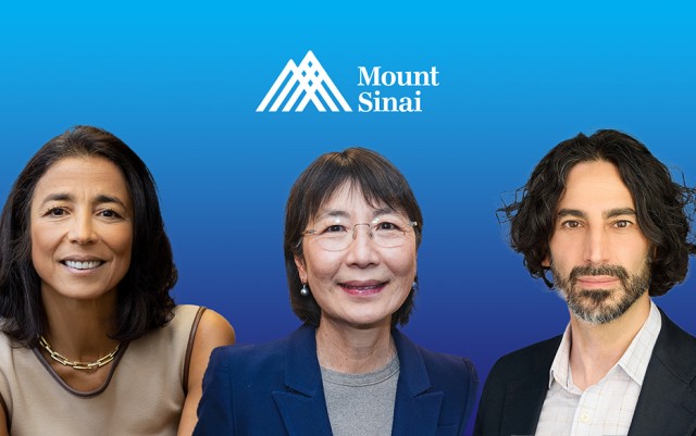 Drs. Merad, Kim-Schluger and Brown headshots against blue background