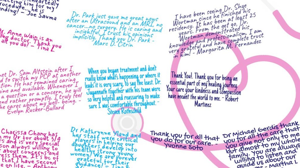 Screenshot of the colorful online message board filled with patients' thank you notes to their doctors
