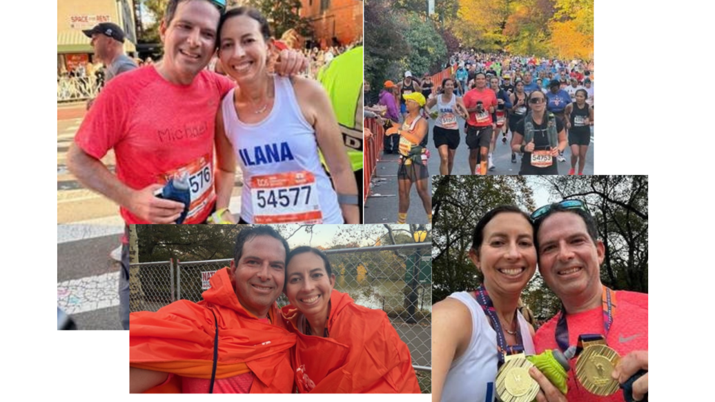 Dr. Elana Katz Sand and her husbnad Michael in a collage of photos taken running the 2025 NYC Marathon
